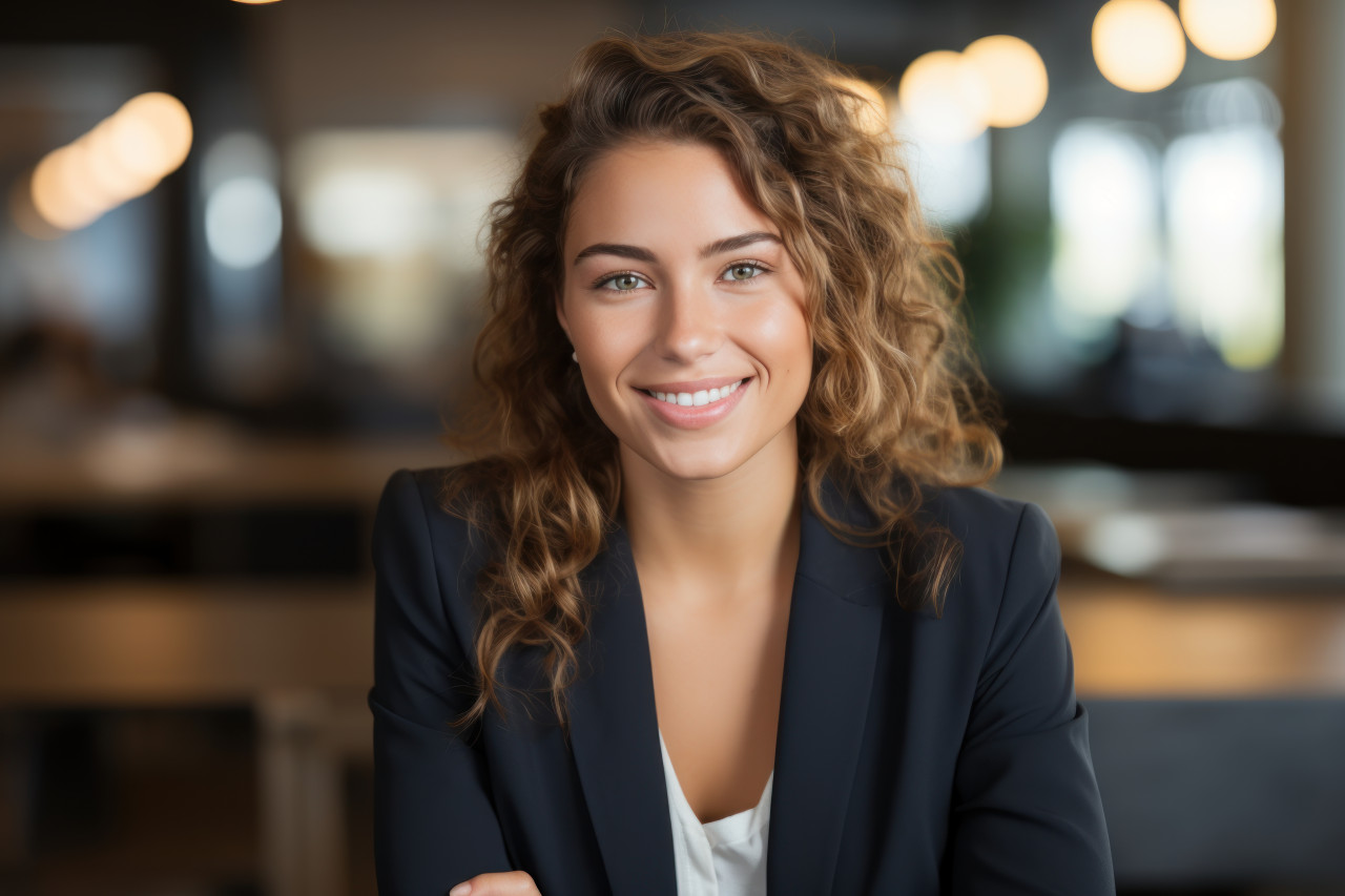 Smiling businesswoman in office job interview radiating happiness portraying confidence and suitability for the position, hiring image for job postings