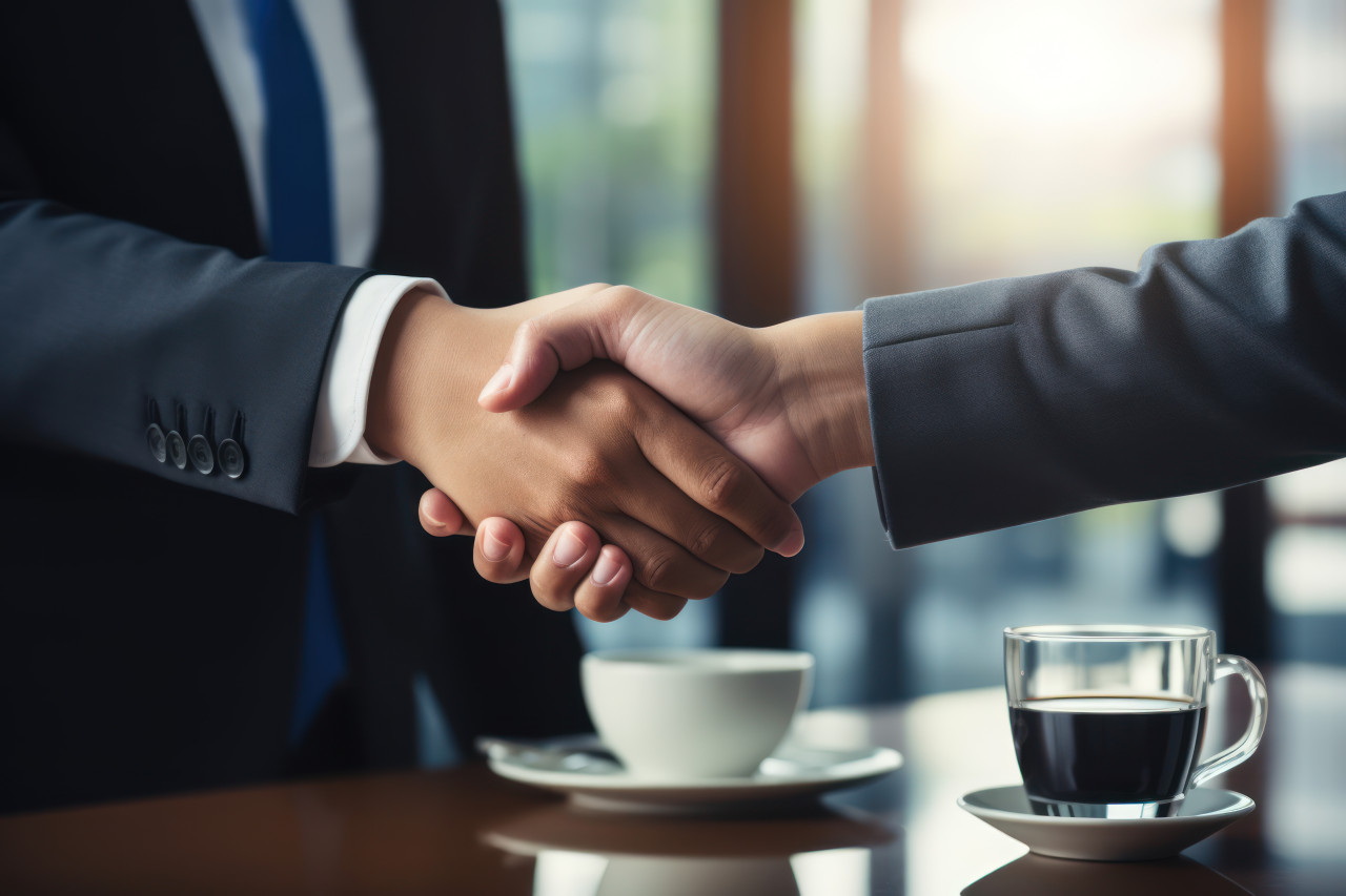 Business man and woman shaking hands sealing a deal in an office setting, professional job interview attire image