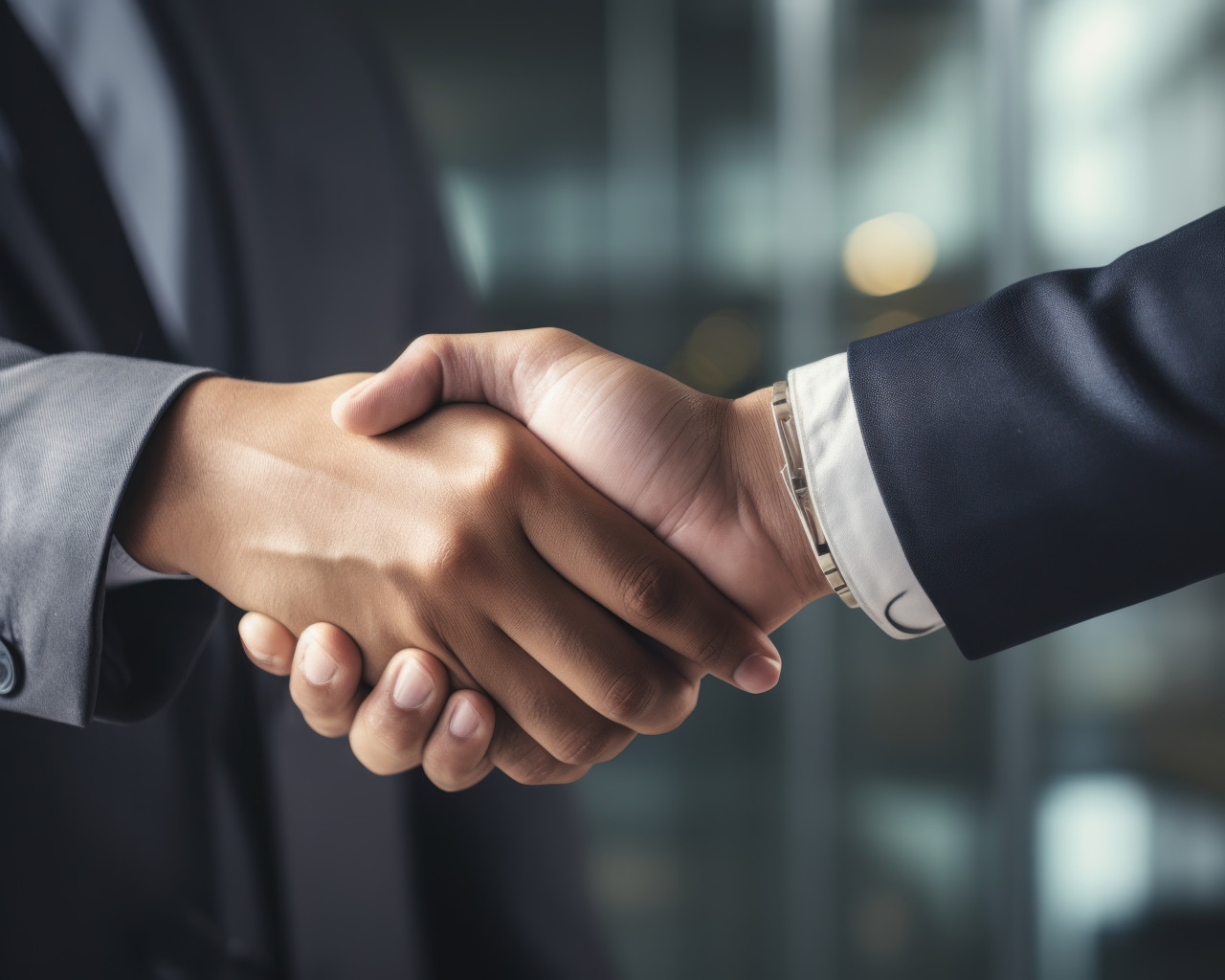 Two businesspeople shaking hands sealing a successful deal in an office meeting, hiring image for job postings