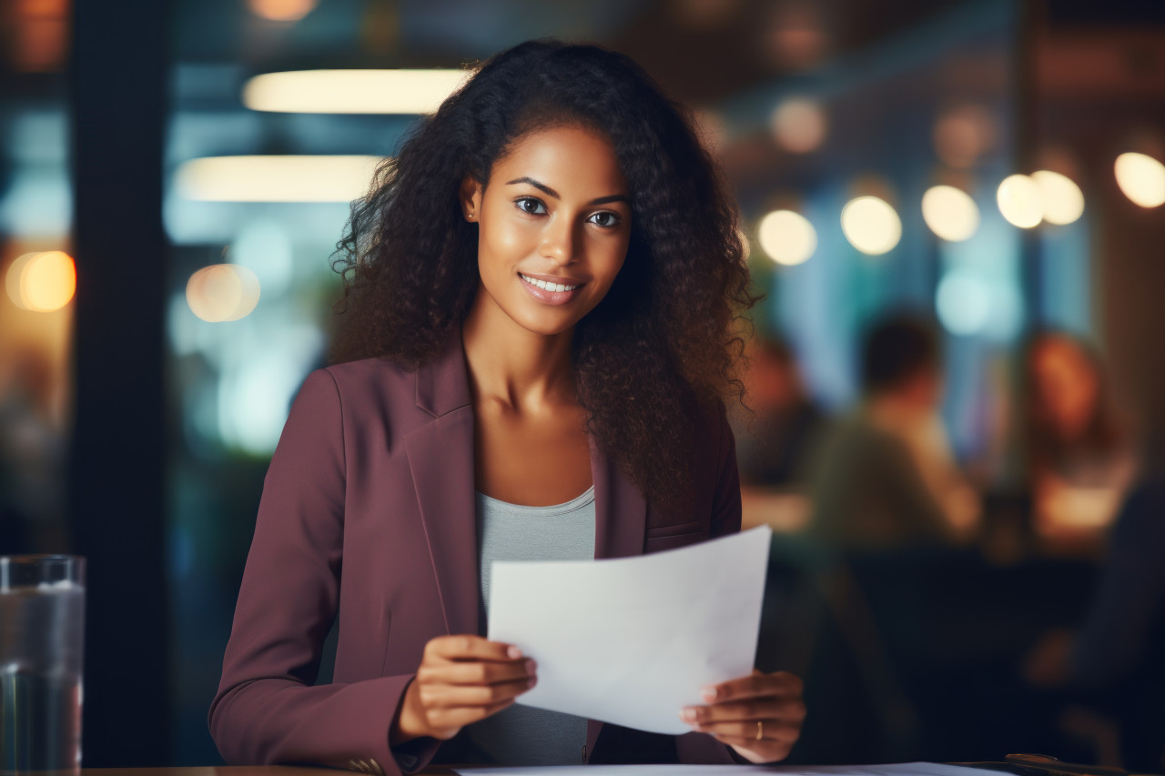 Indian female hr manager reviews job applicant resume in office for potential recruitment, hiring image for startups