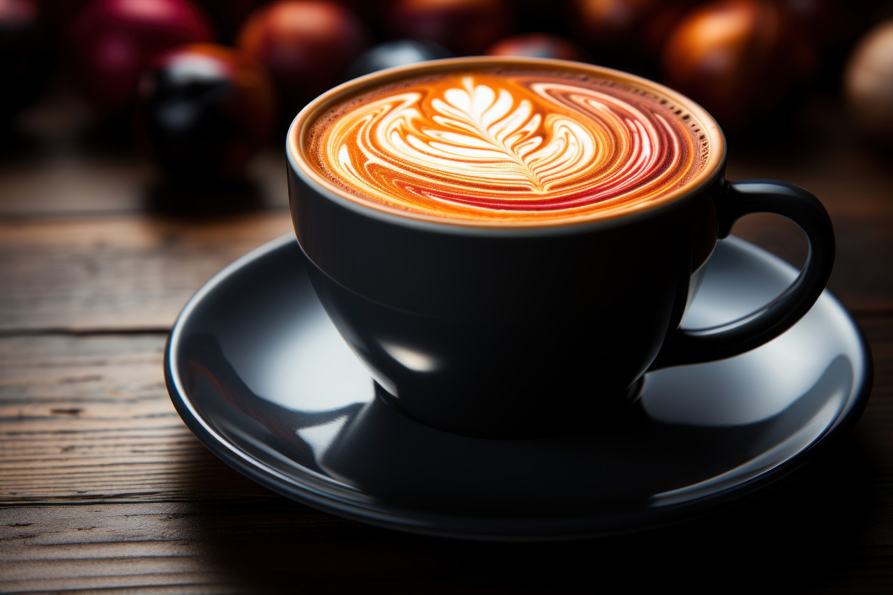 A cup of coffee on dark wooden surface, image of coffee cup