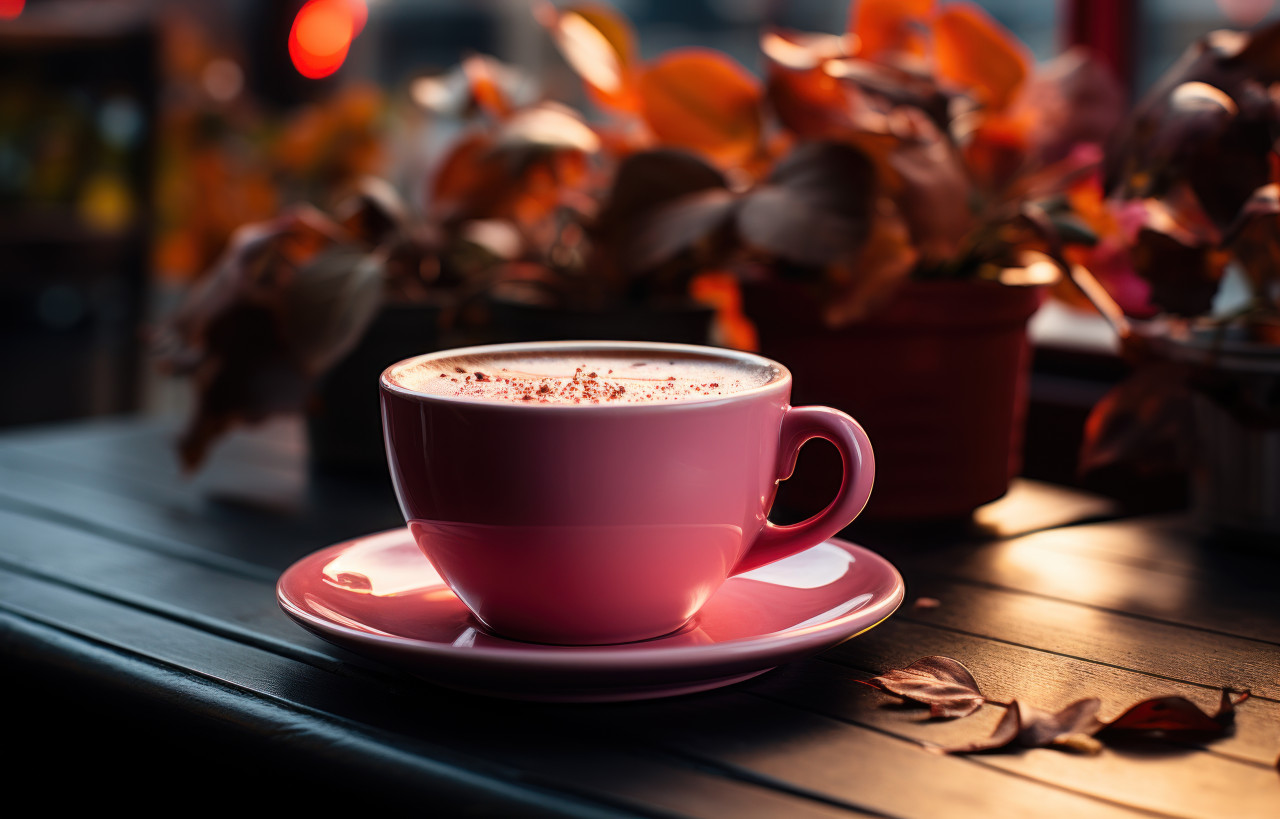 A cup of coffee on wooden table, beautiful coffee cup image
