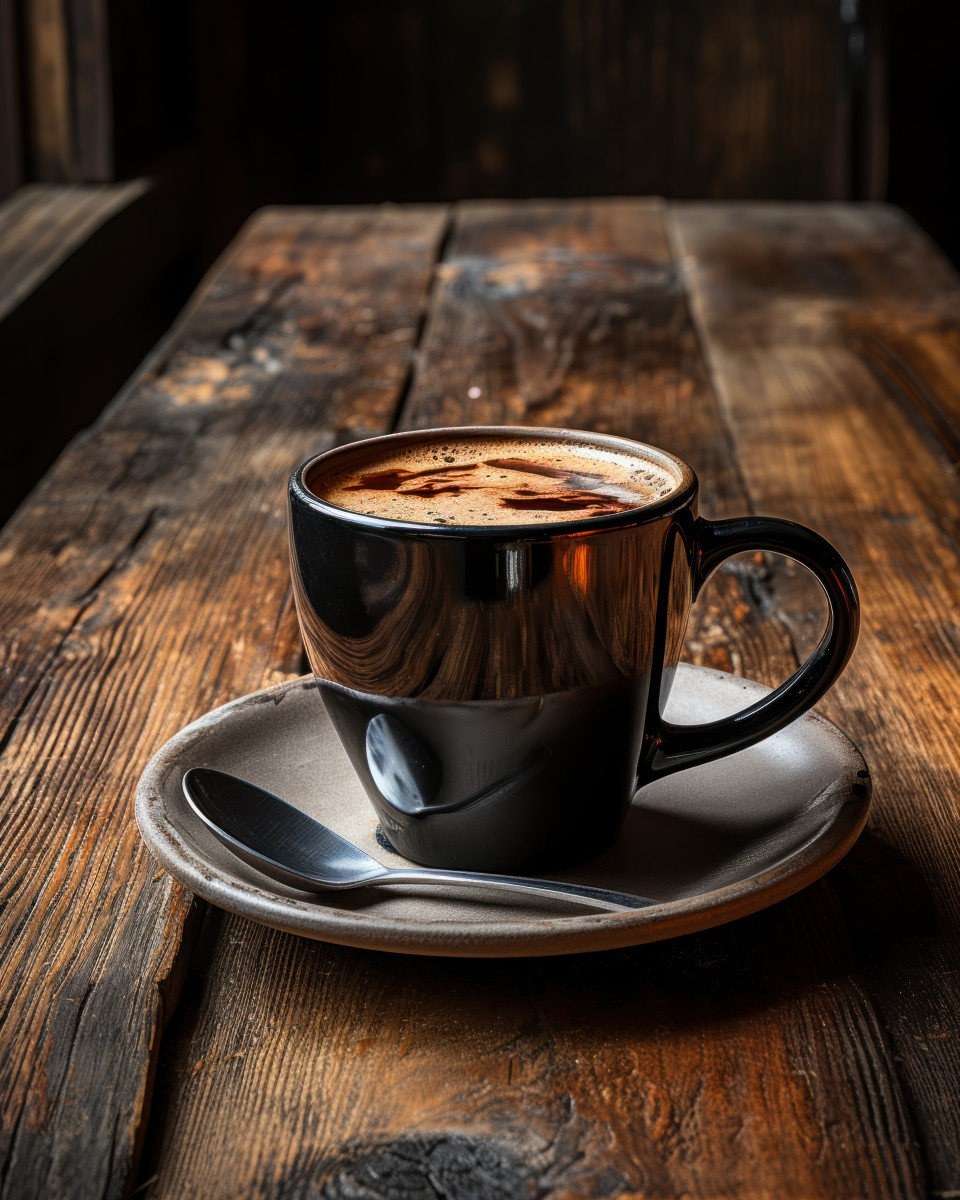 Warm coffee mug placed on a rustic wooden floor, photo of coffee