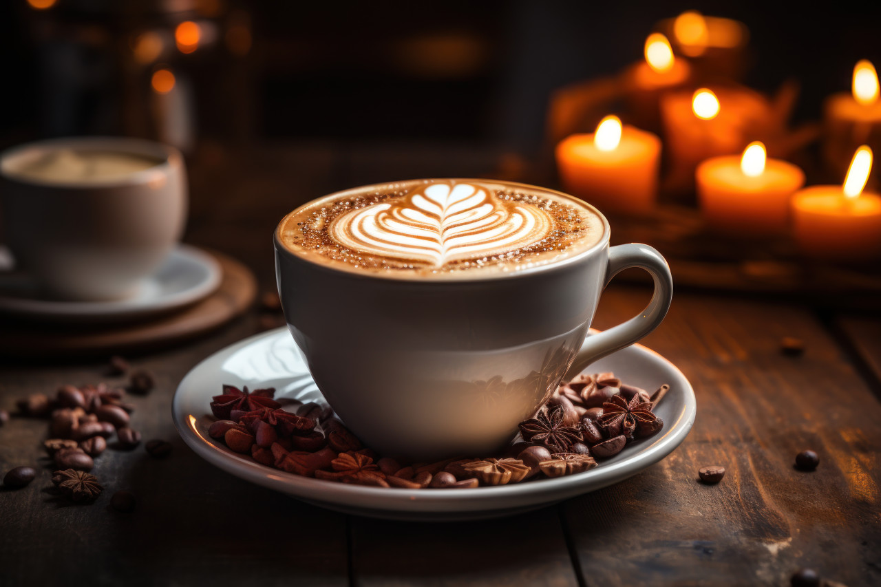 A cup of coffee on a wooden table with beautiful art, beautiful coffee cup image