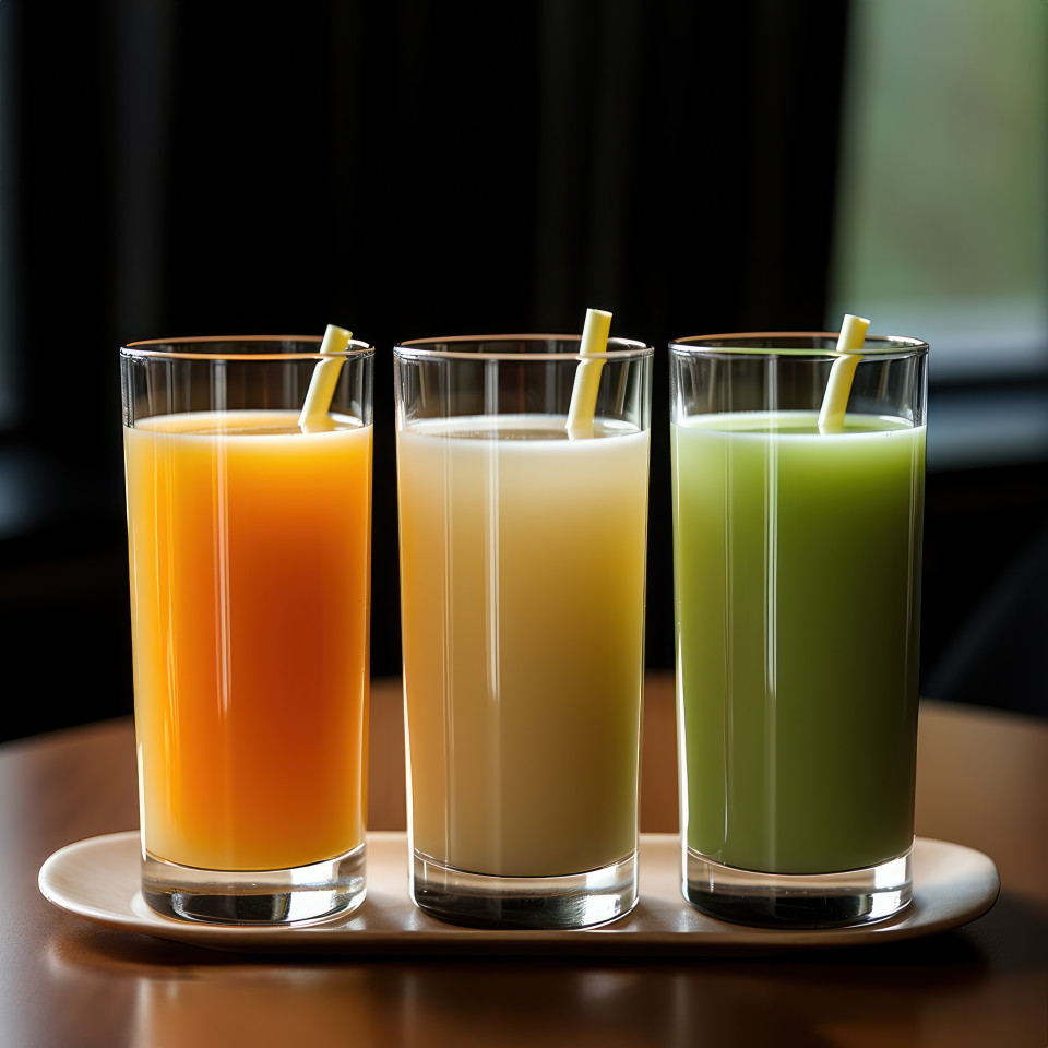 Three glasses of juice with colorful straws orange white and green, independence day image