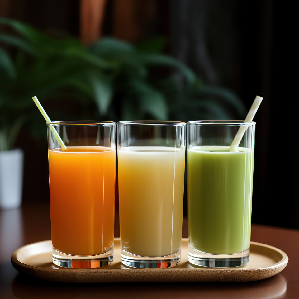 Three colorful glasses of juice with straws orange white and green, independence day image