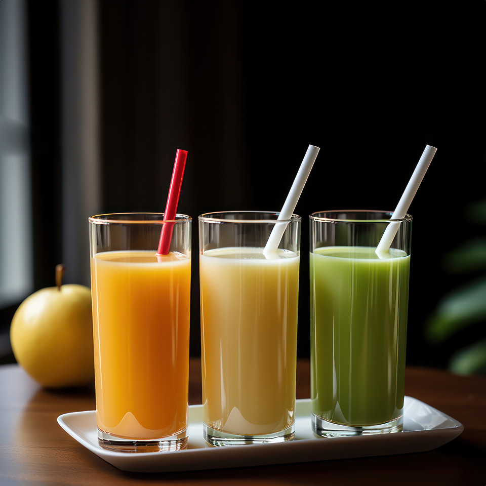 Vibrant glasses filled with orange white and green juice each adorned with a straw, independence day image
