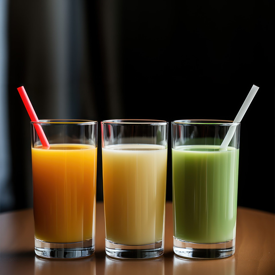 Vibrant glasses of juice with straws in orange white and green colors, independence day image