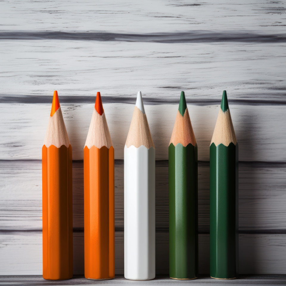 Vibrant orange white and green pencils arranged against a neutral wooden background, independence day image