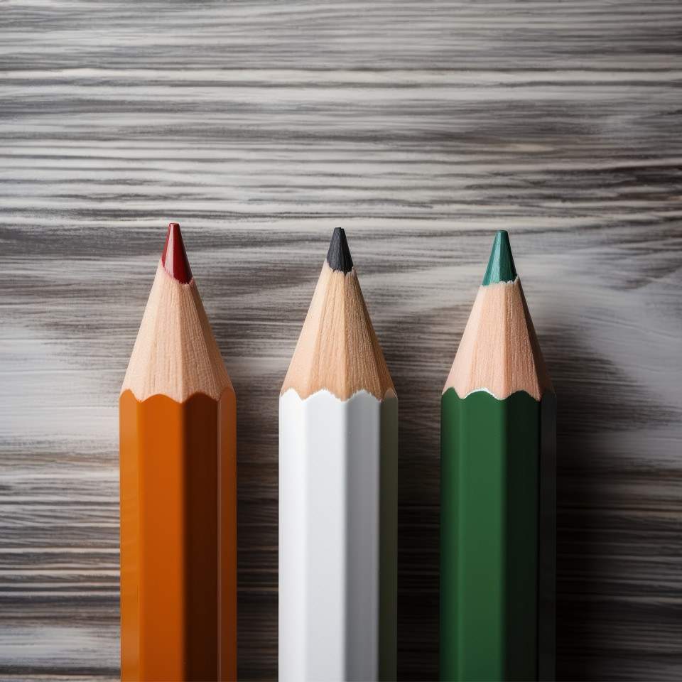 Three colorful pencils stand against a plain white wall creating a vibrant contrast, independence day image
