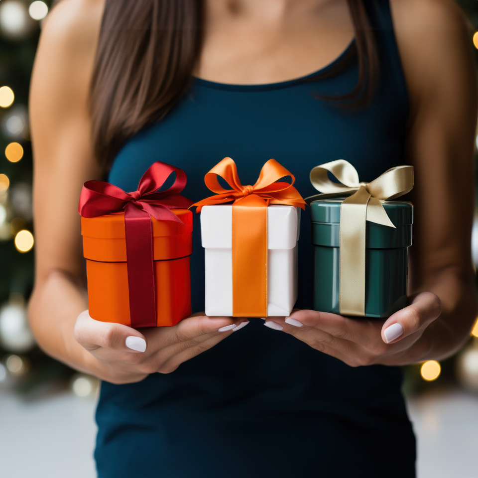 Person holding three small gift boxes showcasing colorful surprises orange white and green gifts, independence day image