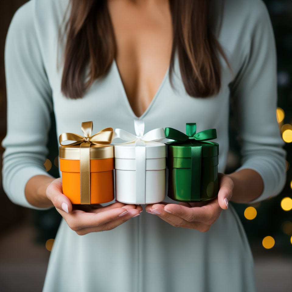 Person holding three small gift boxes showcasing colorful presents in orange white and green hues, independence day image