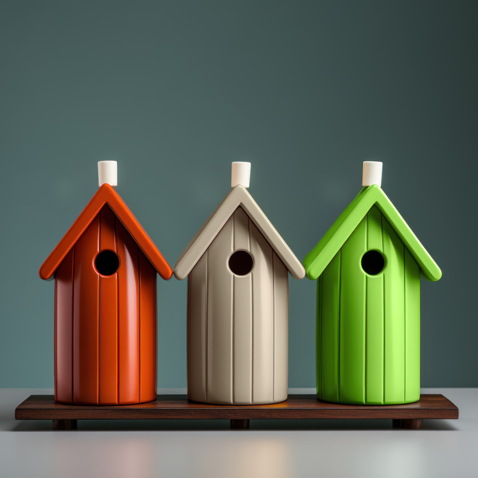 Three small birdhouses in orange white and green colors providing cozy homes for feathered friends in a garden, independence day image