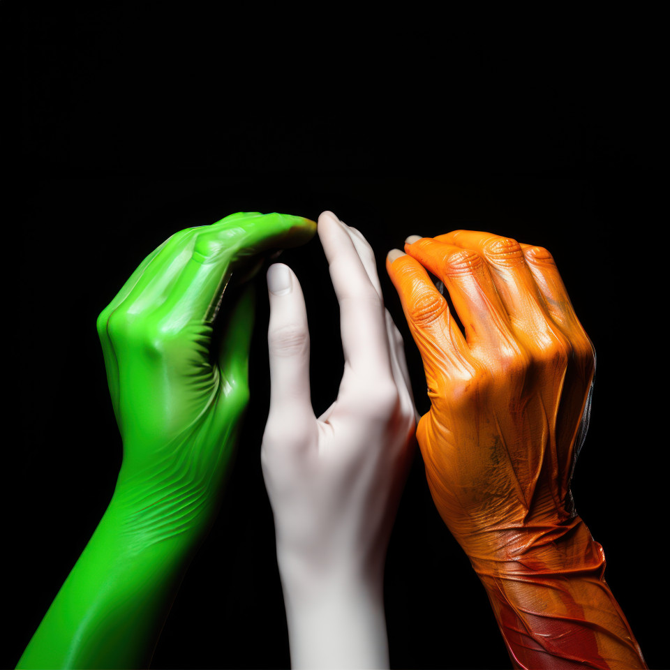 Three hands painted in indian flag colors on a black background symbolizing unity and patriotism, independence day image