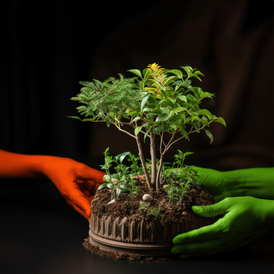 Showing unity with three hands displaying india flags while planting a plant emphasizing environmental consciousness, independence day image