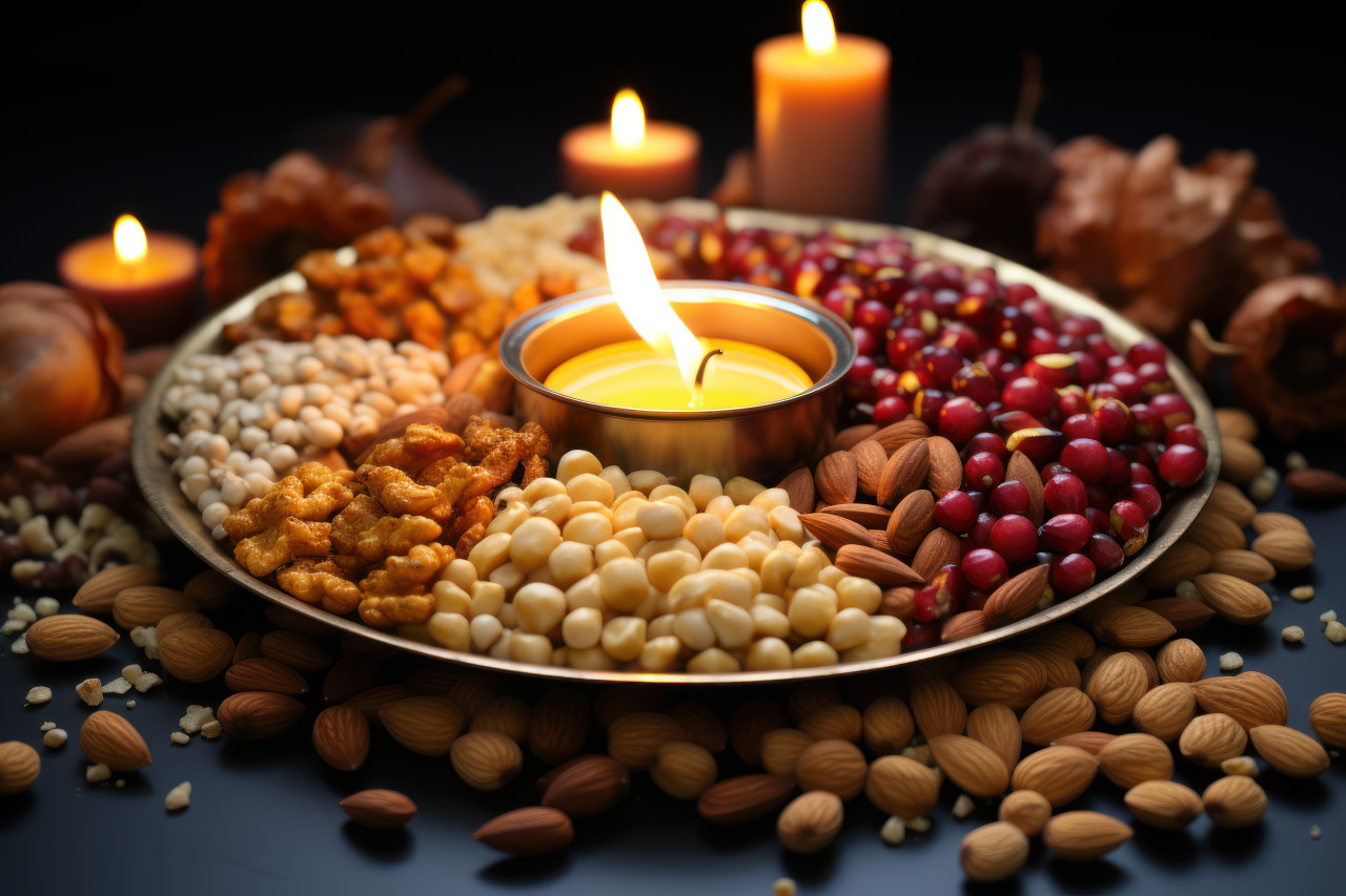 A lohri celebration with a nut decorated frame spreading festive cheer and warmth, lhori, makar sankranti