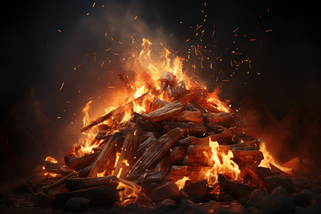 Fire created with sticks burning against a dark backdrop, lhori, makar sankranti