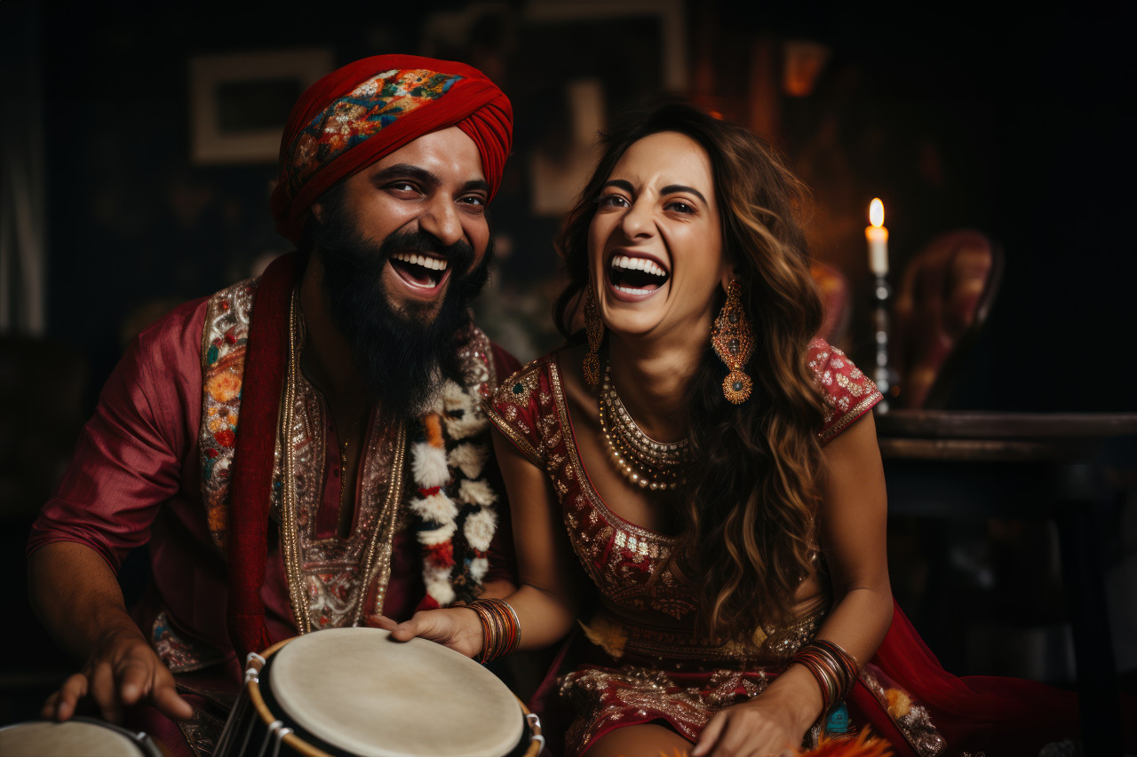 Man and woman in traditional dress with drums dancing joyfully to rhythmic beats in cultural celebration, lhori, makar sankranti