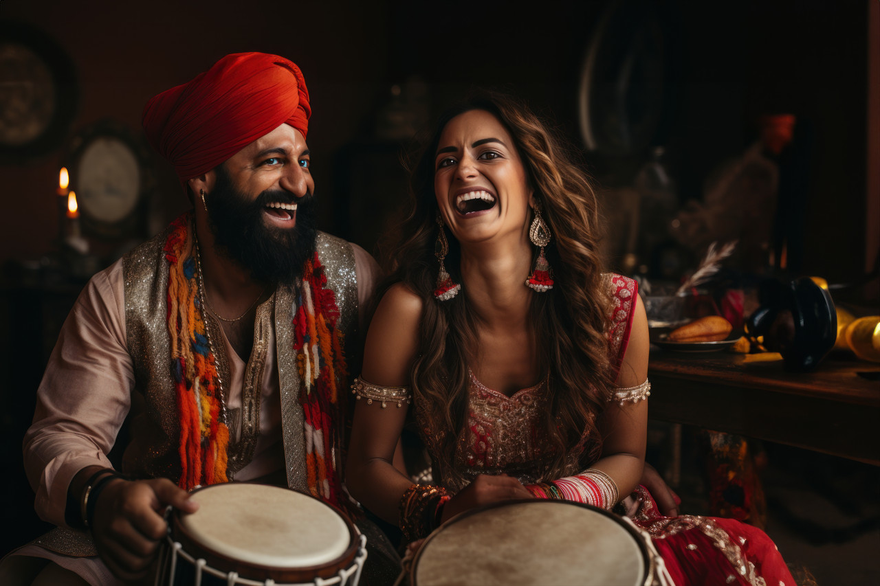 Man and woman in traditional dress with drums dancer, lhori, makar sankranti