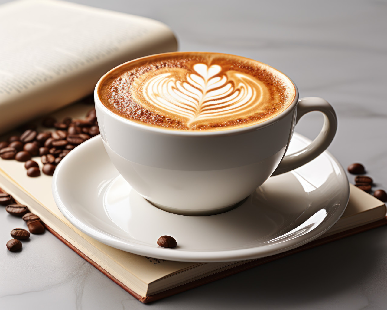 An open book placed next to a cup of coffee, photo of coffee