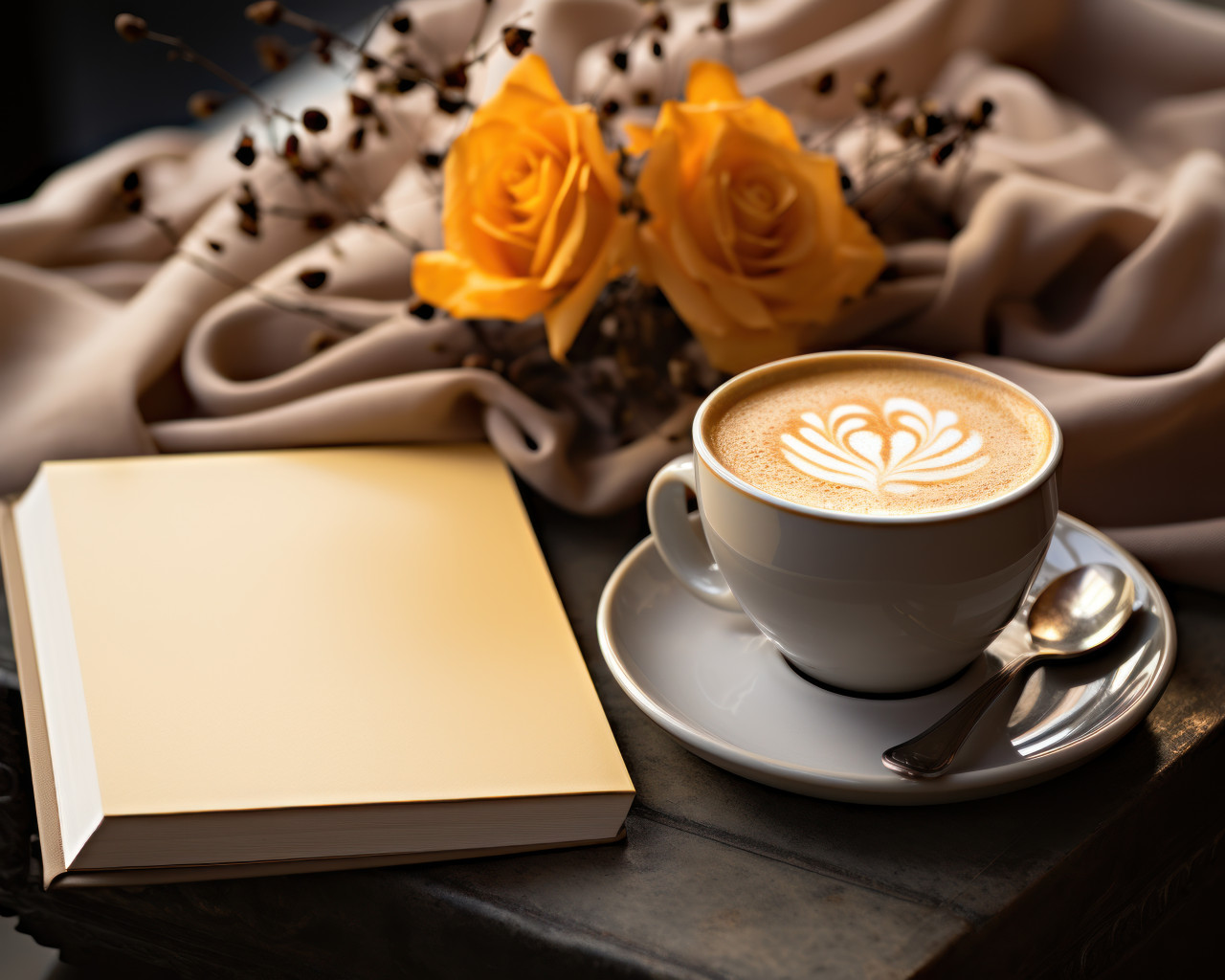 White notebook next to the coffee cup on the table, image of coffee cup