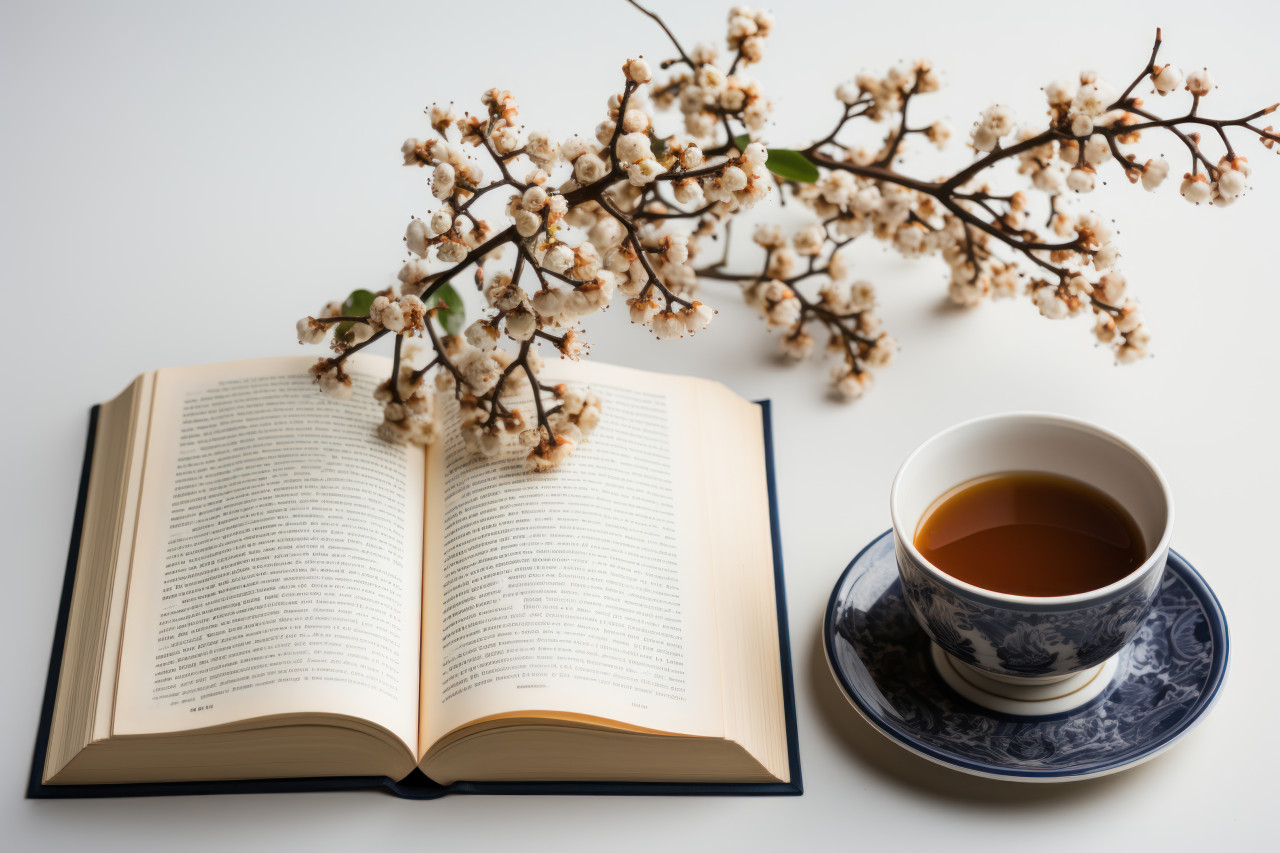 A book and coffee cup on a clean white backdrop create a relaxing reading, photo of coffee