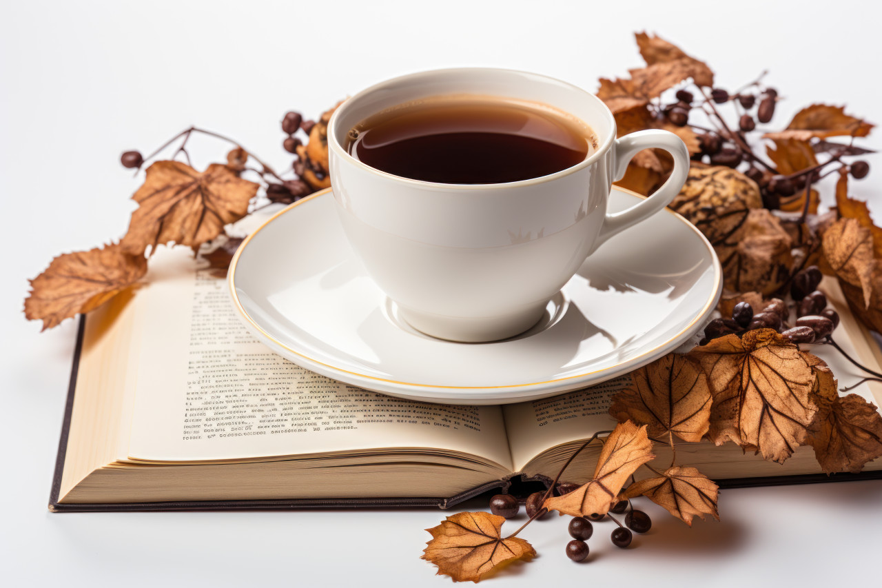 Book with coffee atop on clean white backdrop, beautiful coffee cup image