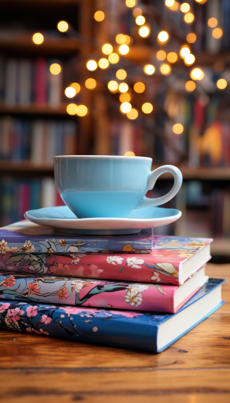A cup of coffee on books is placed on a wooden table, image of coffee cup