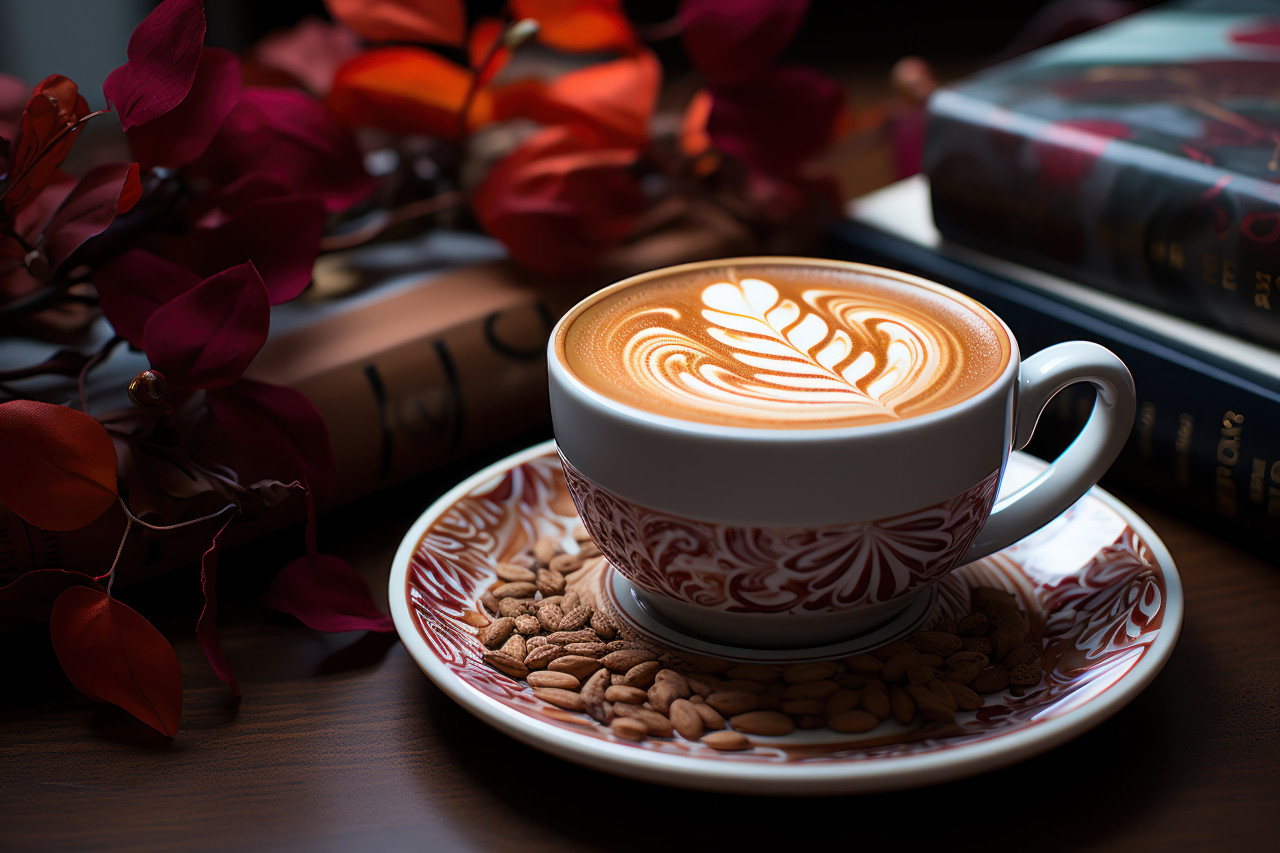 Coffee cup on table with books beside it, beautiful coffee cup image