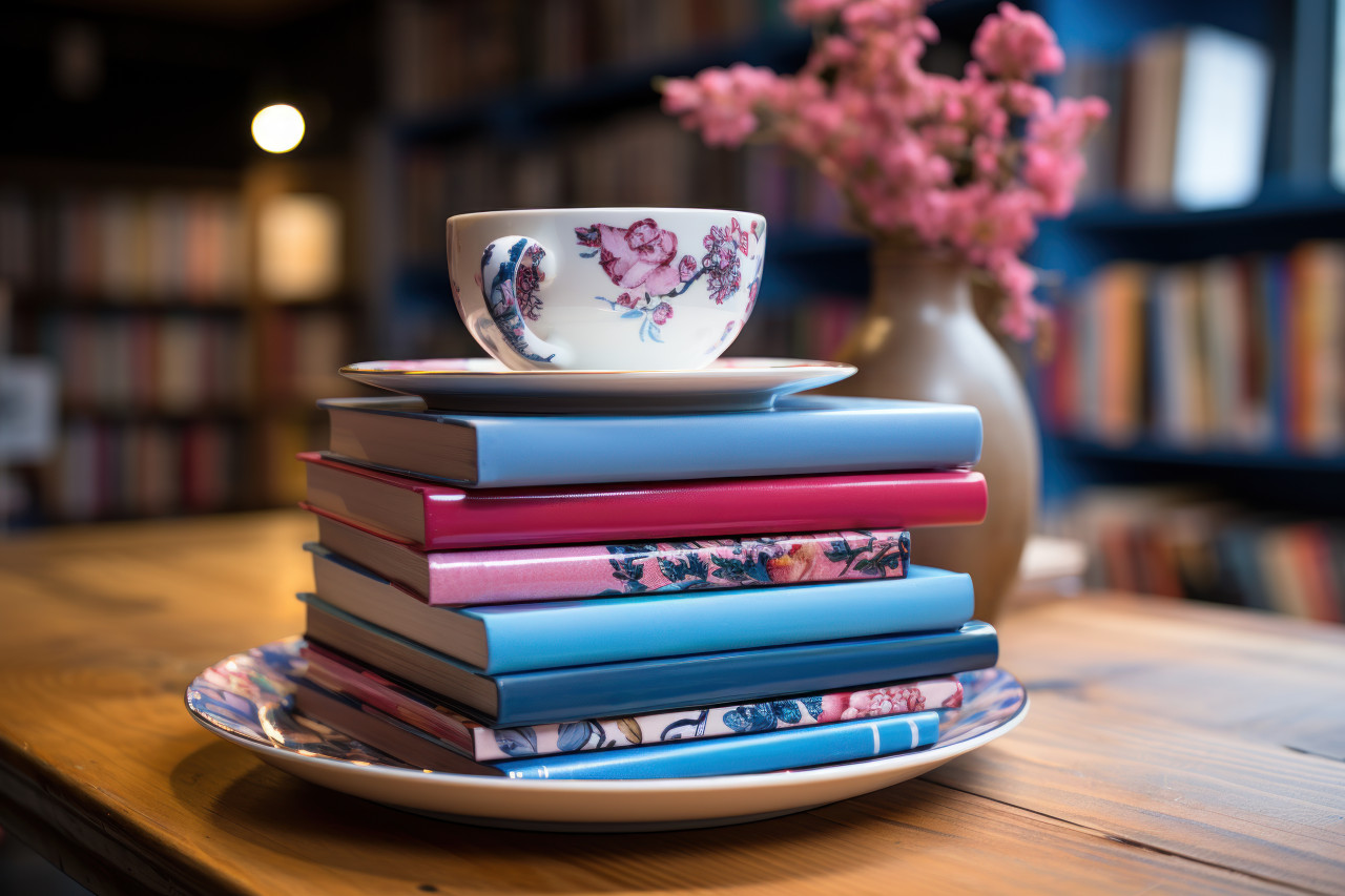 A coffee cup placed on books atop a wooden table, beautiful coffee cup image