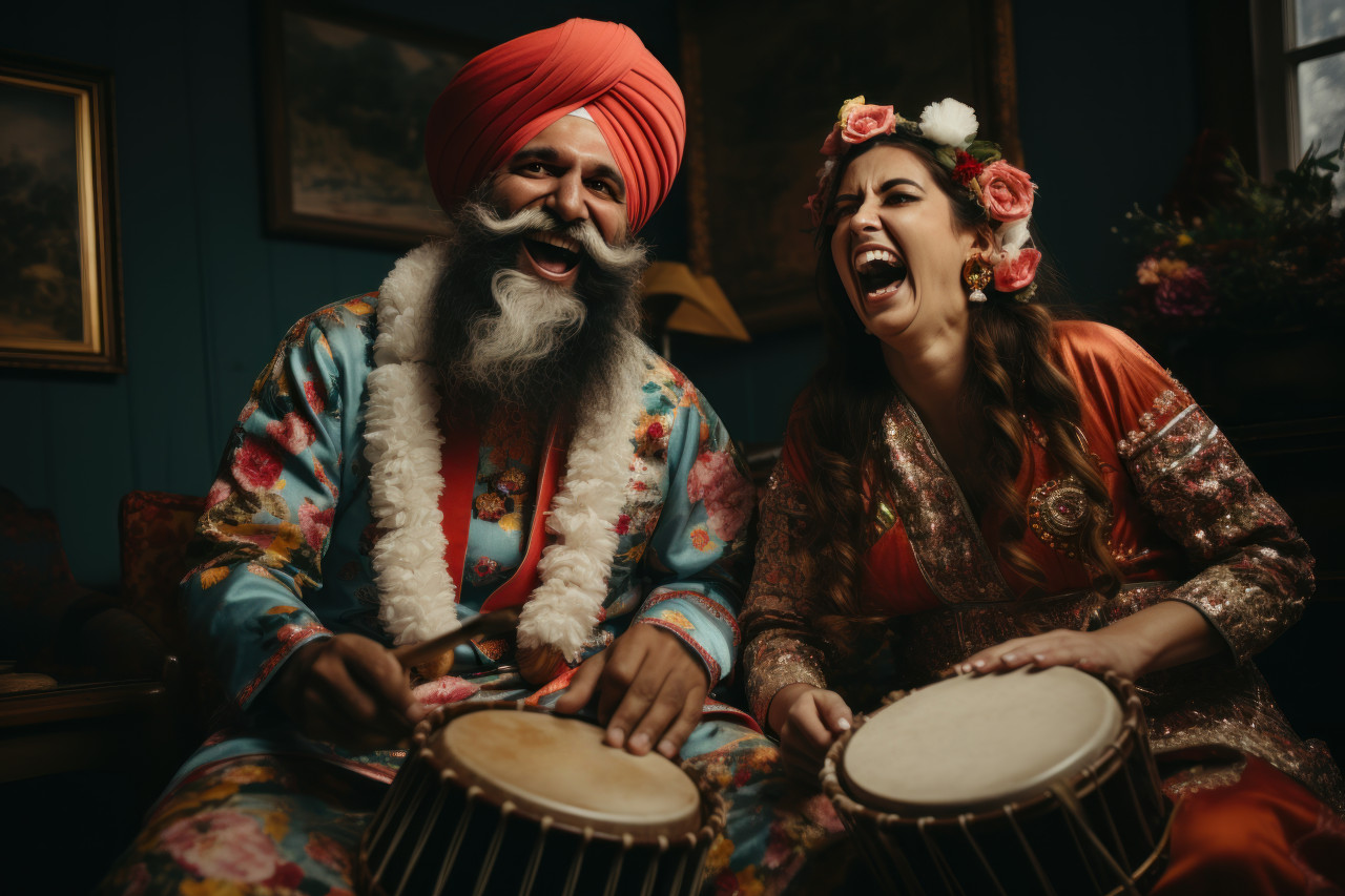 Two individuals in punjabi attire drum dance while holding traditional instruments in a vibrant celebration of culture and music, lhori, makar sankranti