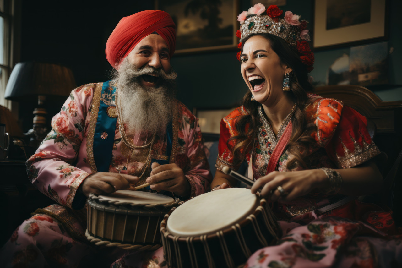 Two individuals in punjabi attire drum dance, showcasing traditional instruments with rhythmic enthusiasm and cultural flair, lhori, makar sankranti