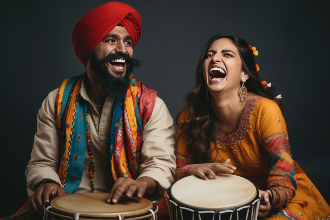 Indian couple joyfully dances in traditional attire adorned with turbans playing a drum on a white background, lhori, makar sankranti