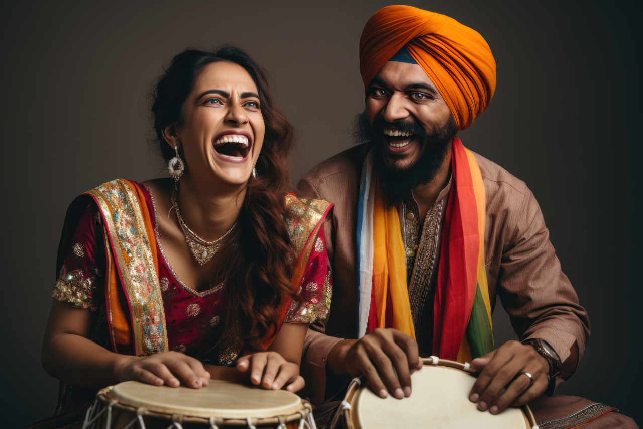 Indian couple dances in traditional attire turbans playing drum on a white background, lhori, makar sankranti