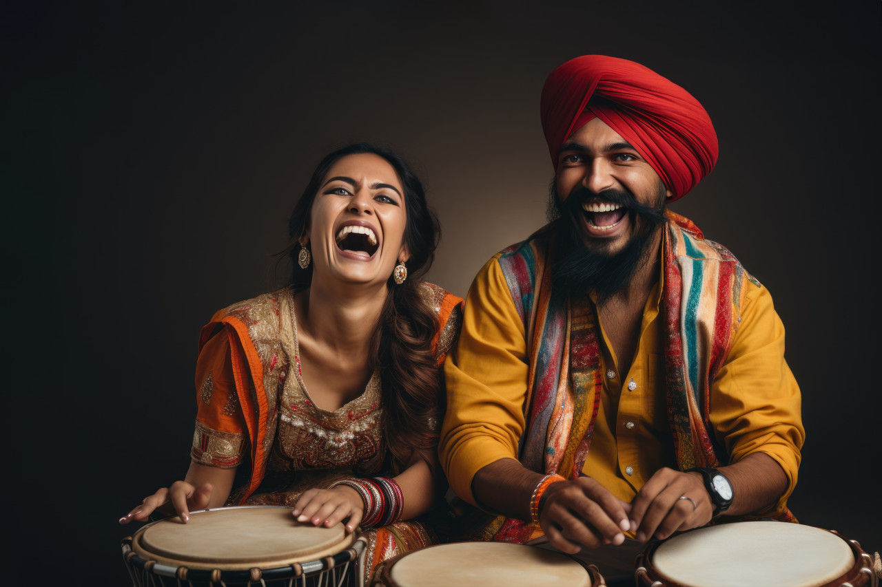 Indian couple in traditional attire dances with joy adorned in turbans playing drum on a white background, lhori, makar sankranti