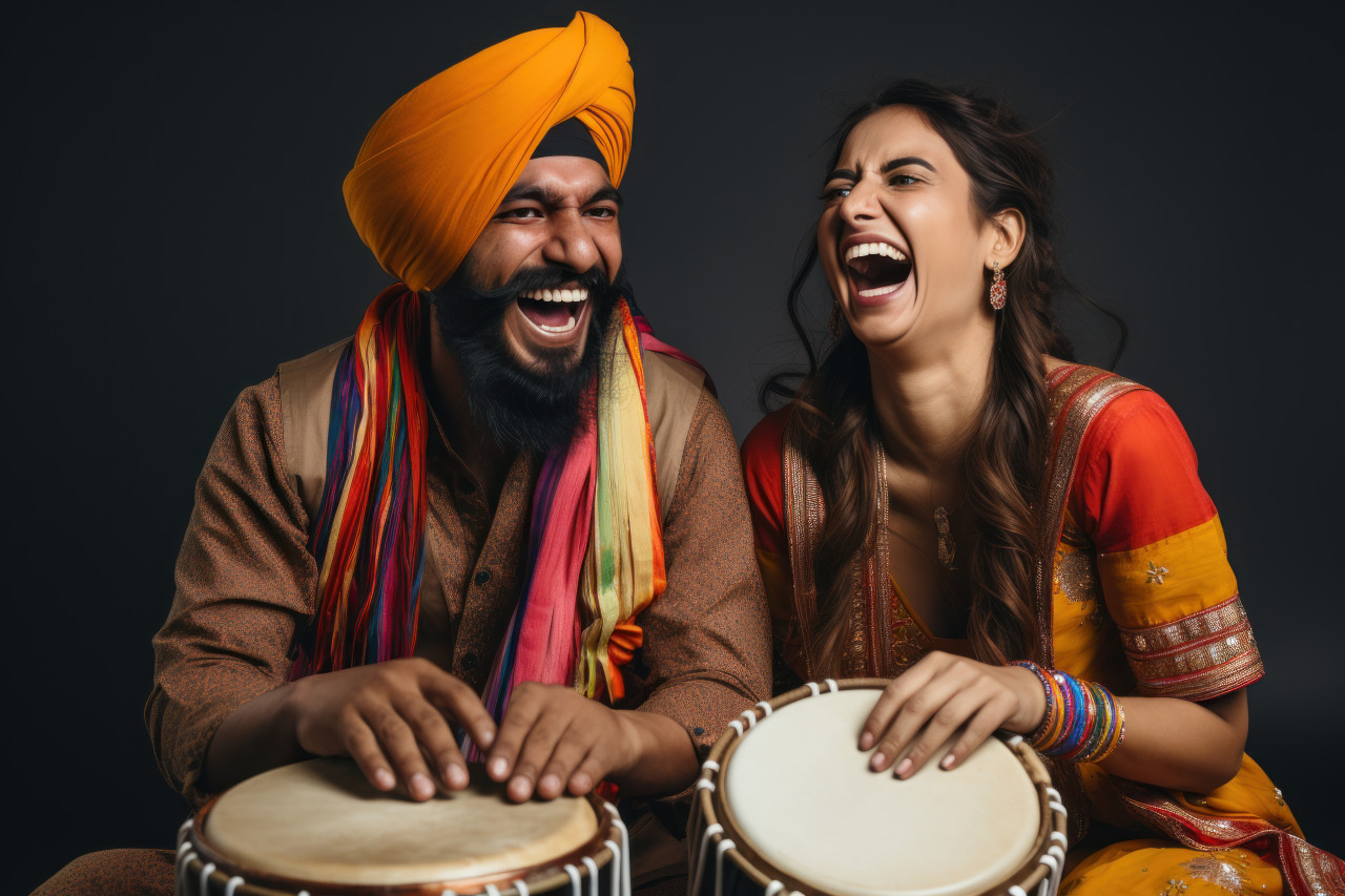 Indian couple in traditional attire dancing playing drum on a white background, lhori, makar sankranti