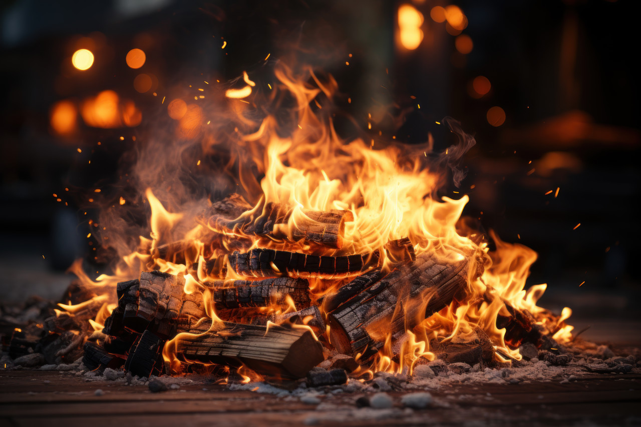 Fiery bonfire blazing brightly in the night casting warm light and creating a cozy outdoor atmosphere, lhori, makar sankranti