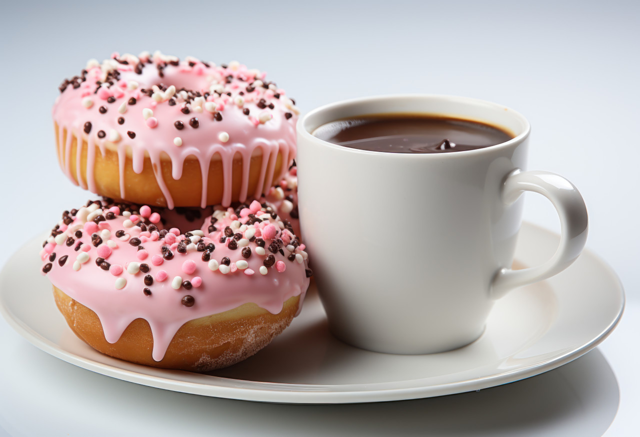 A image of a coffee cup and a donut against a white backdrop, picture of coffee
