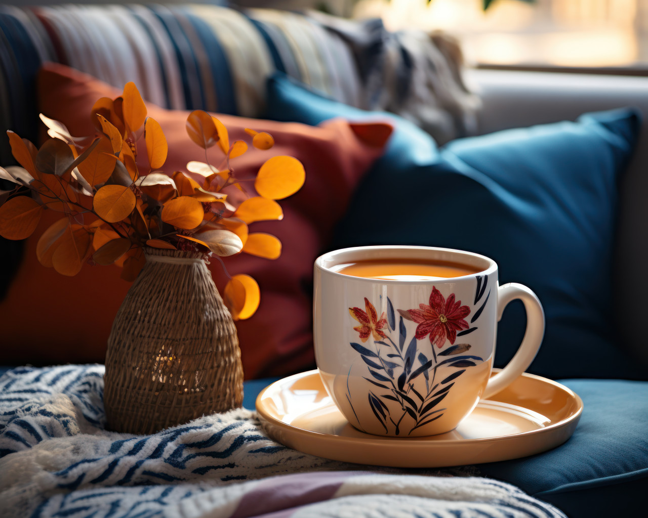 An orange coffee mug on wooden table in front of sofa in living room, image of coffee cup