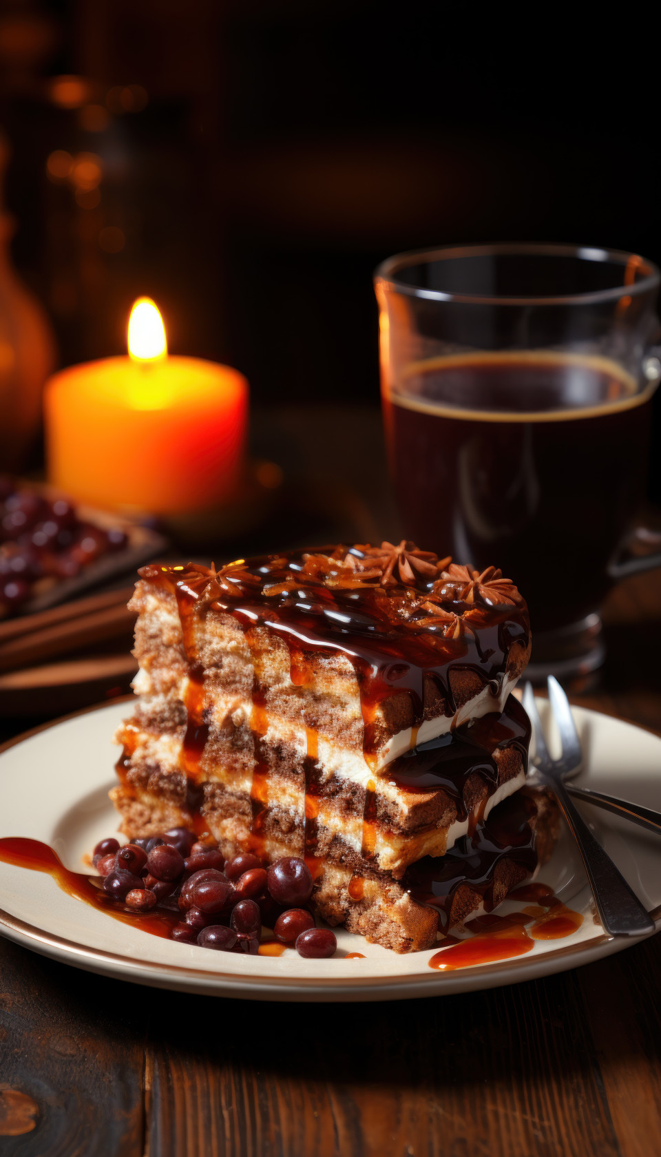 Cake slice and coffee on a plate, photo of coffee