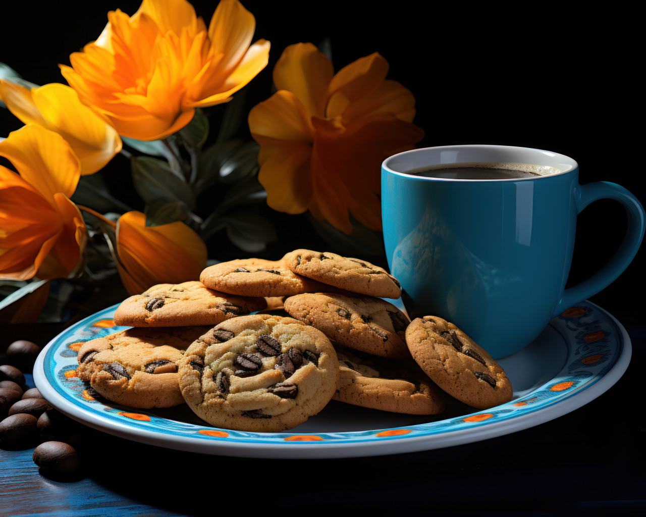 Plate with cookies beside a cup of coffee, coffee image