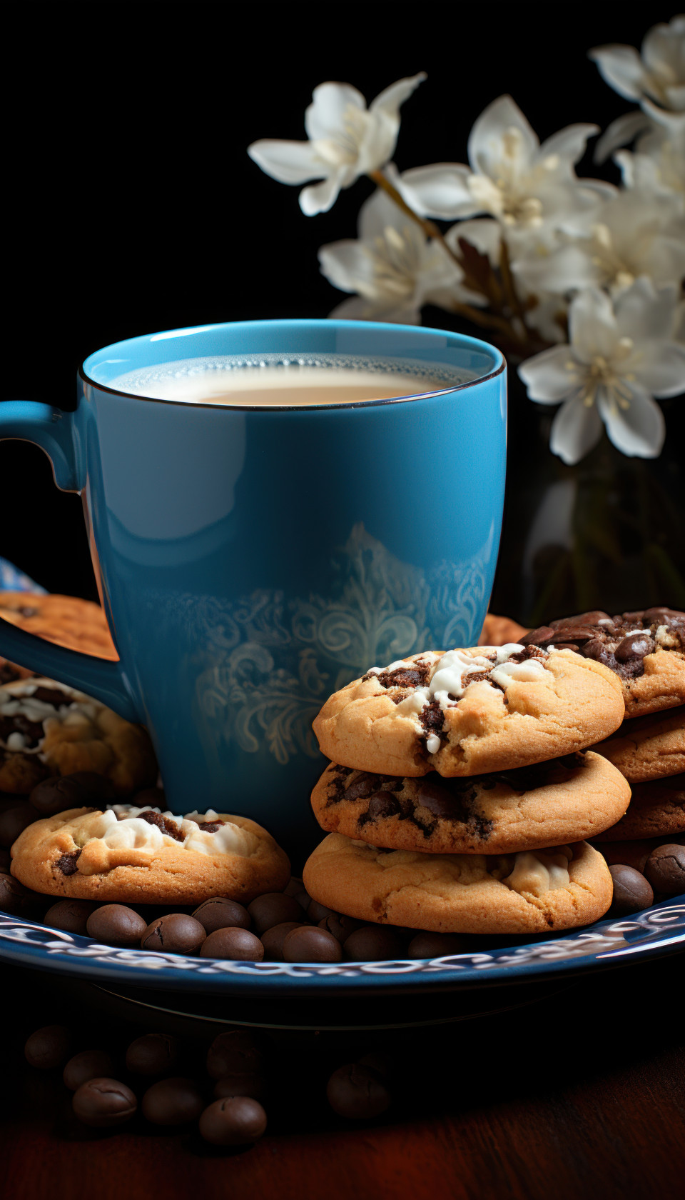A photo showcasing a cup of coffee alongside cookies placed on a plate, beautiful coffee cup image
