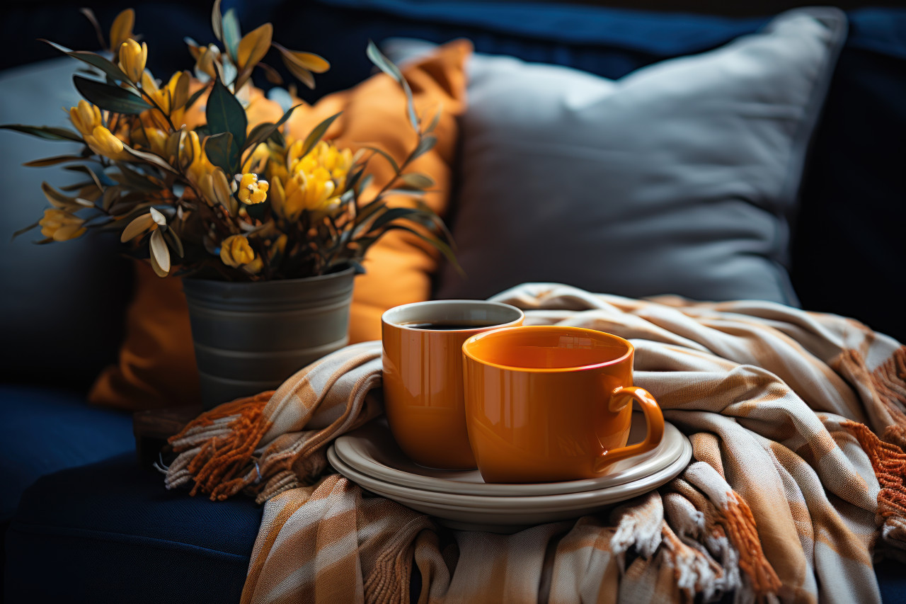 Photo of orange coffee cup atop couch, beautiful coffee cup image