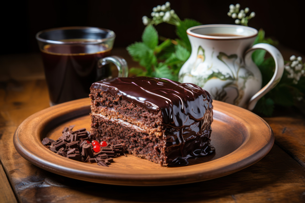 Coffee cup placed beside chocolate cake on wooden plate, image of coffee cup