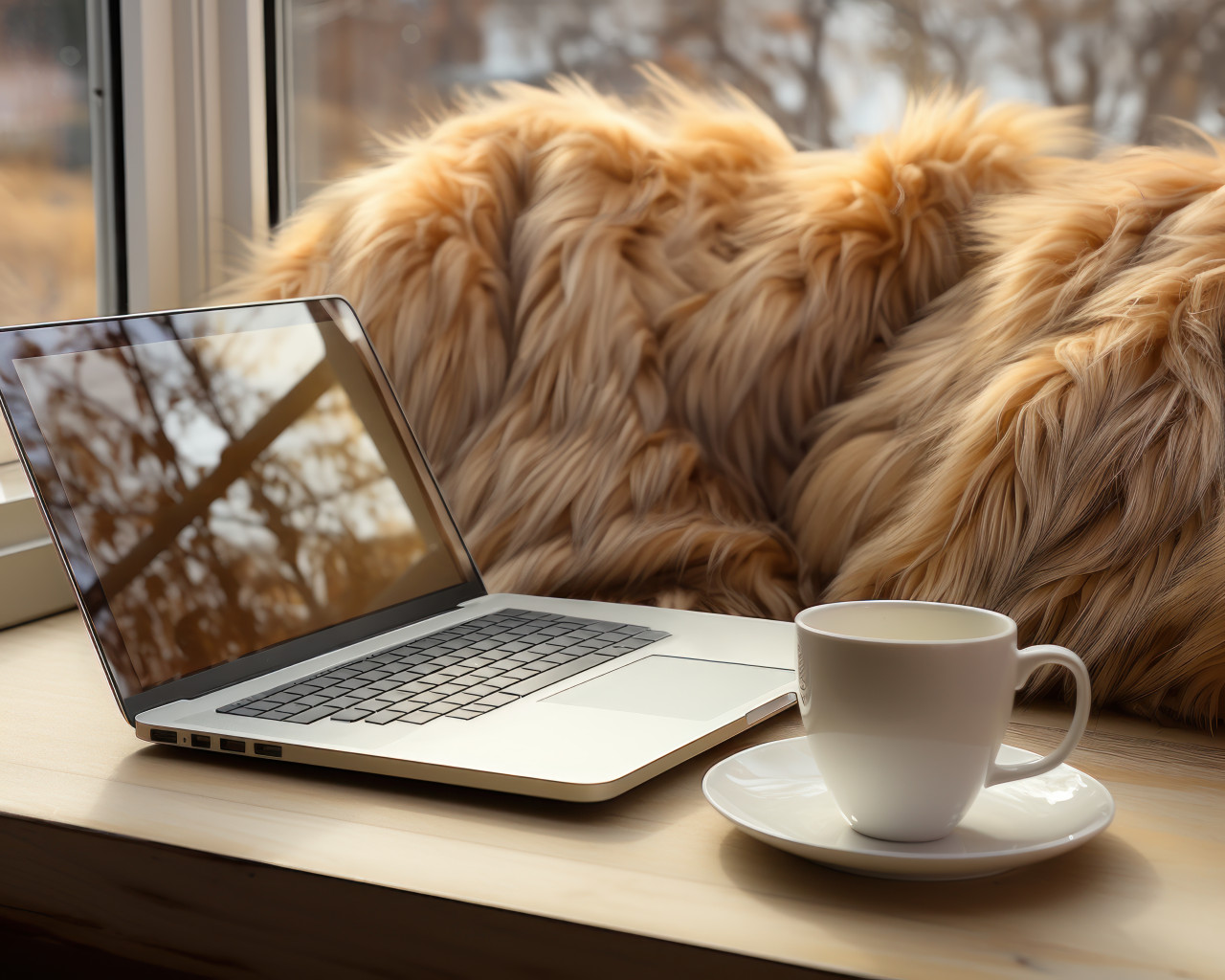 Laptop and coffee cup on bed, beautiful coffee cup image