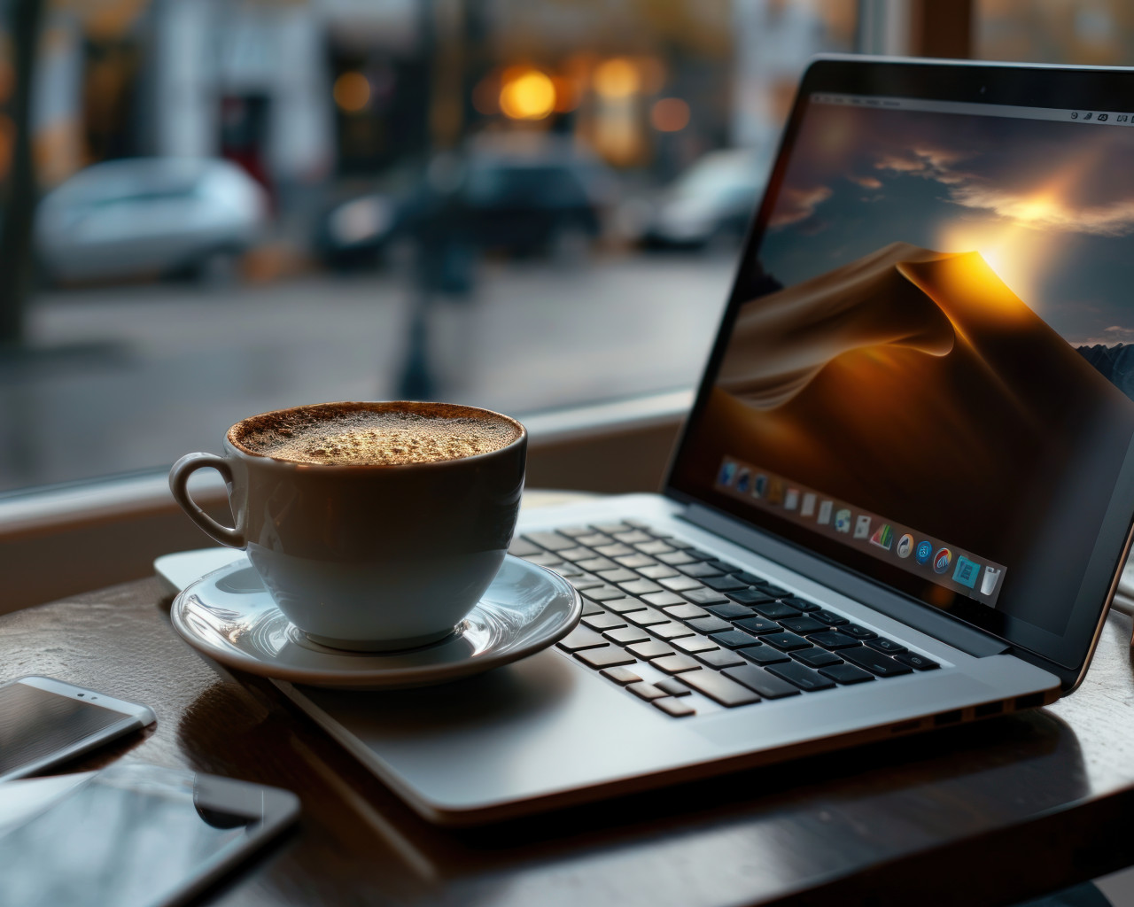 Laptop with coffee and a smartphone on the table, beautiful coffee cup image