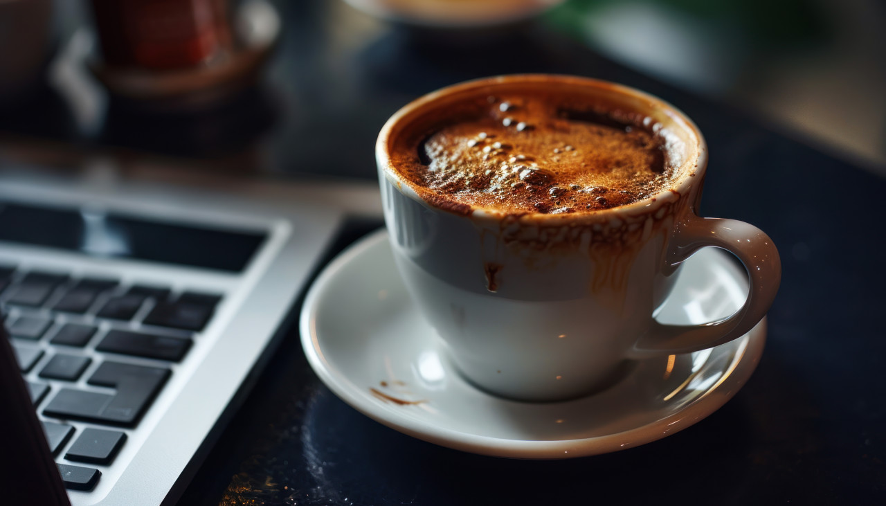 A laptop and a coffee cup placed on a black surface, image of coffee cup