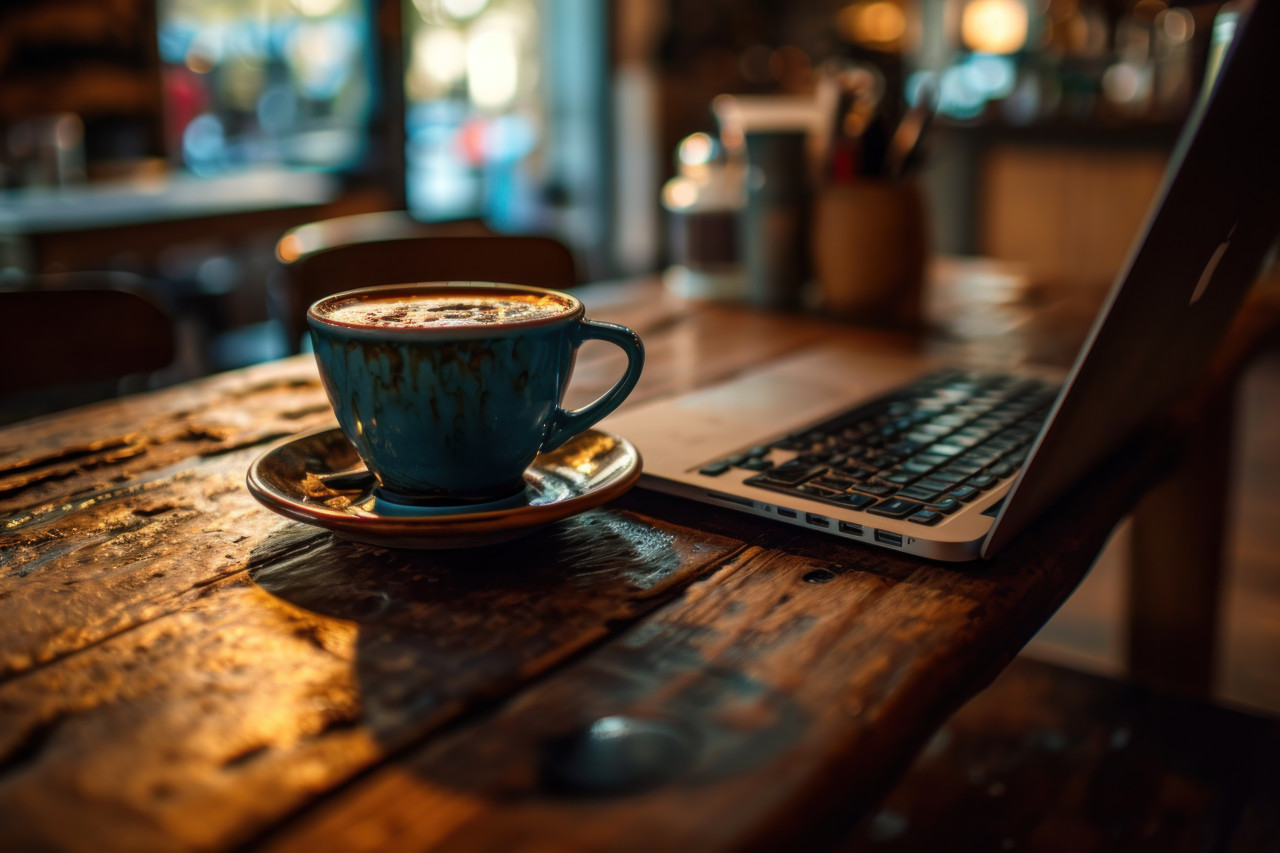 A photo of a laptop alongside a coffee cup, image of coffee cup