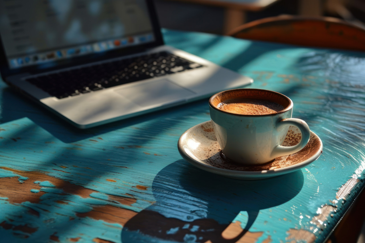 Image of coffee cup and laptop placed on a blue table surface, photo of coffee