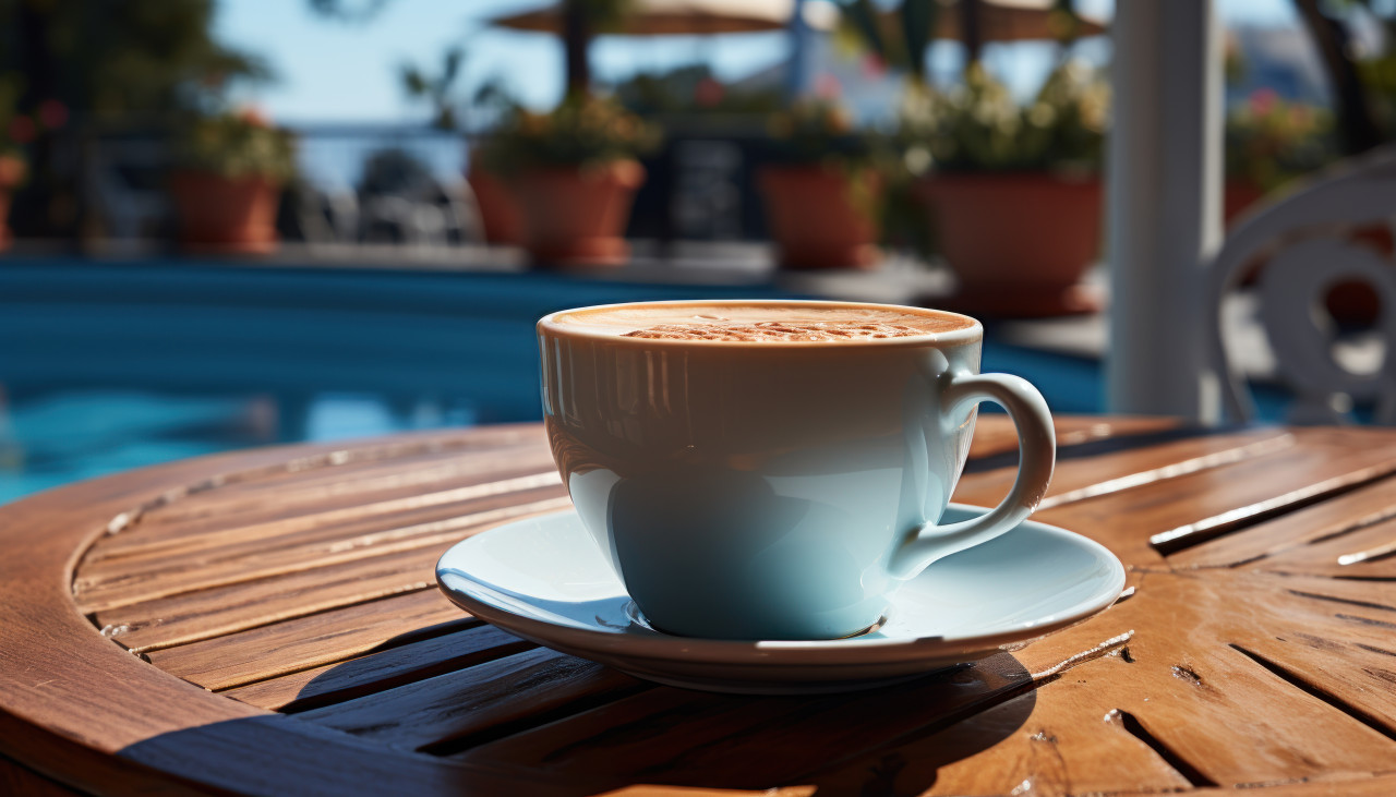Coffee cup on table near pool, beautiful coffee cup image